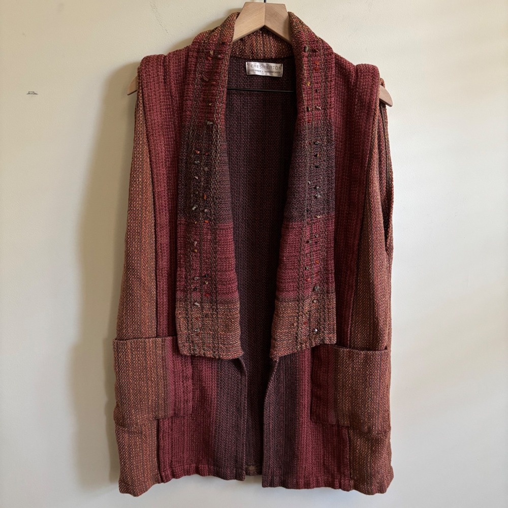Teresa Eaton Designer Handwoven Long Vest Burgundy Rust Stone Embellished L